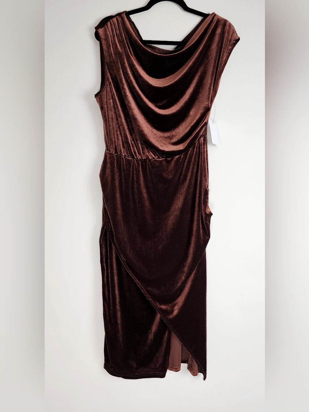 New Luxe Velvet Asymmetrical Midi Dress Brown - Picture 8 of 13